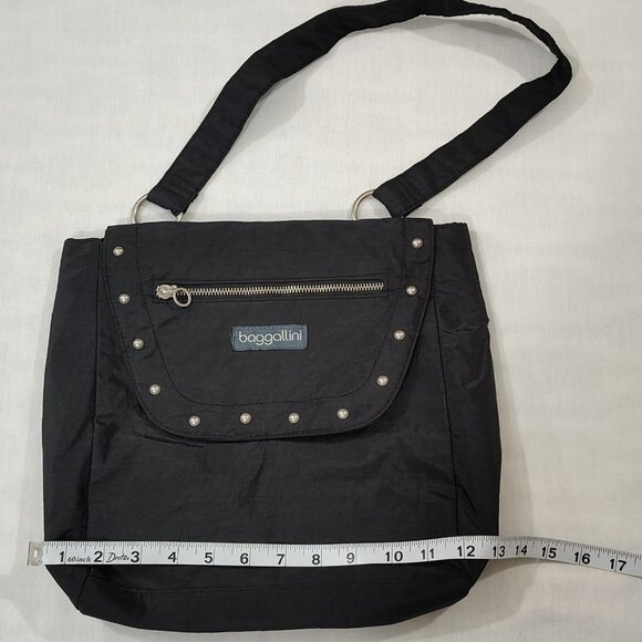 BAGGALLINI Studded Shoulder Tote Handbag Black Nylon Purse Light Weight Pockets - Picture 12 of 16